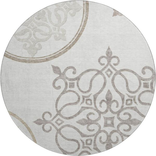HomeRoots 8' Elegant Ivory Beige Floral Medallion Round Rug - Washable, UV-Protected, Stain-Resistant Design 669525