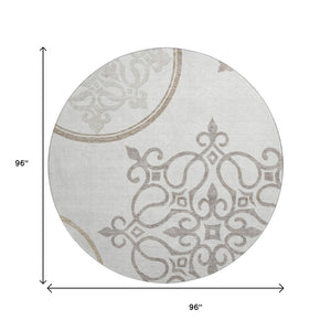 HomeRoots 8' Elegant Ivory Beige Floral Medallion Round Rug - Washable, UV-Protected, Stain-Resistant Design 669525