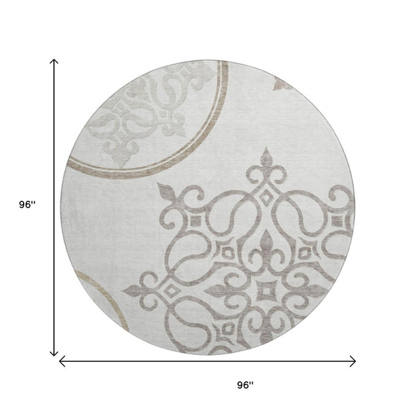 HomeRoots 8' Elegant Ivory Beige Floral Medallion Round Rug - Washable, UV-Protected, Stain-Resistant Design 669525
