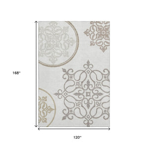 HomeRoots 10' Floral Medallion Area Rug - Ivory Beige Tan, Washable, UV Protected, Slip-Resistant for Homes 669528