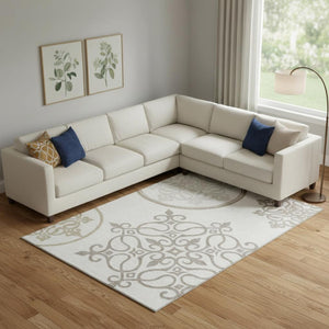 HomeRoots 10' Floral Medallion Area Rug - Ivory Beige Tan, Washable, UV Protected, Slip-Resistant for Homes 669528