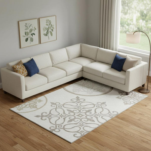 HomeRoots 10' Floral Medallion Area Rug - Ivory Beige Tan, Washable, UV Protected, Slip-Resistant for Homes 669528
