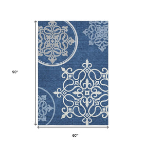 HomeRoots 5' Navy Blue Ivory & Gray Floral Medallion Area Rug – Washable, UV Protected, Stain Resistant Design 669530