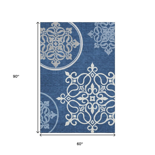 HomeRoots 5' Navy Blue Ivory & Gray Floral Medallion Area Rug – Washable, UV Protected, Stain Resistant Design 669530