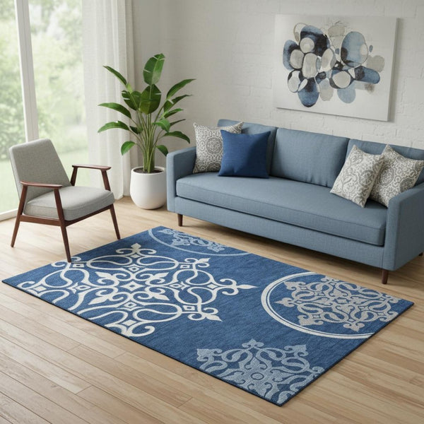 HomeRoots 5' Navy Blue Ivory & Gray Floral Medallion Area Rug – Washable, UV Protected, Stain Resistant Design 669530