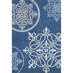 HomeRoots 5' Navy Blue Ivory & Gray Floral Medallion Area Rug – Washable, UV Protected, Stain Resistant Design 669530