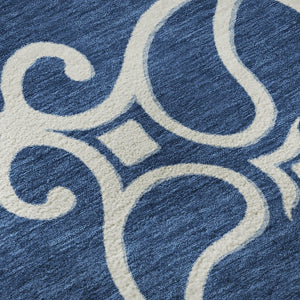 HomeRoots 5' Navy Blue Ivory & Gray Floral Medallion Area Rug – Washable, UV Protected, Stain Resistant Design 669530