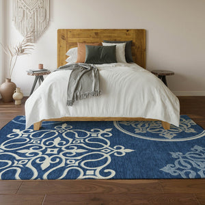 HomeRoots 5' Navy Blue Ivory & Gray Floral Medallion Area Rug – Washable, UV Protected, Stain Resistant Design 669530