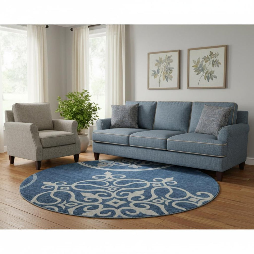 HomeRoots 8' Navy Blue Floral Medallion Round Rug - Washable, UV-Protected, Stain-Resistant for High Traffic Areas 669531