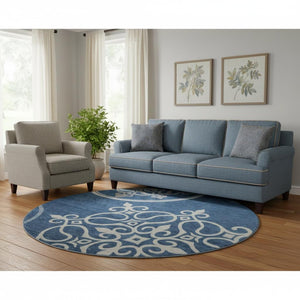 HomeRoots 8' Navy Blue Floral Medallion Round Rug - Washable, UV-Protected, Stain-Resistant for High Traffic Areas 669531