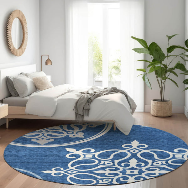 HomeRoots 8' Navy Blue Floral Medallion Round Rug - Washable, UV-Protected, Stain-Resistant for High Traffic Areas 669531