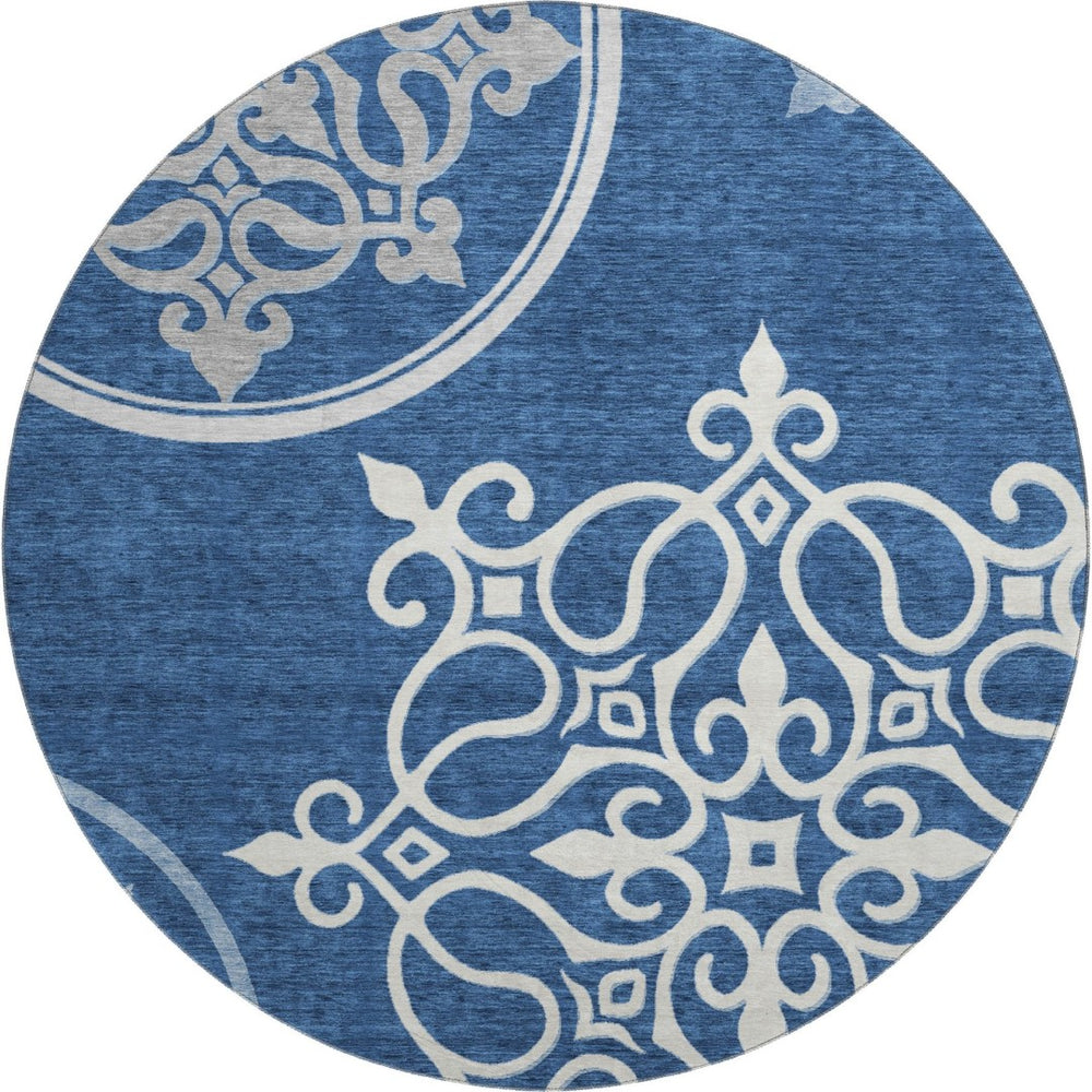 HomeRoots 8' Navy Blue Floral Medallion Round Rug - Washable, UV-Protected, Stain-Resistant for High Traffic Areas 669531