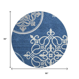 HomeRoots 8' Navy Blue Floral Medallion Round Rug - Washable, UV-Protected, Stain-Resistant for High Traffic Areas 669531
