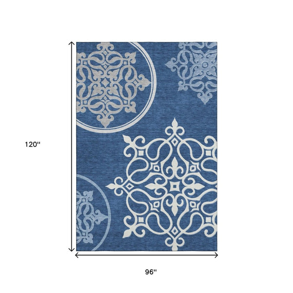 HomeRoots 8' X 10' Elegant Navy Blue Floral Medallion Area Rug - Washable, UV Protected, Perfect for Families! 669532