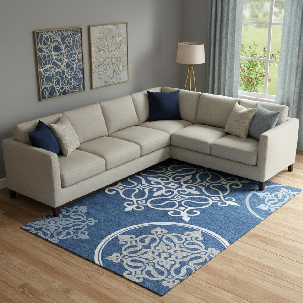 HomeRoots 8' X 10' Elegant Navy Blue Floral Medallion Area Rug - Washable, UV Protected, Perfect for Families! 669532