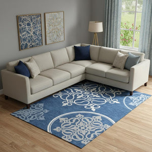 HomeRoots 8' X 10' Elegant Navy Blue Floral Medallion Area Rug - Washable, UV Protected, Perfect for Families! 669532