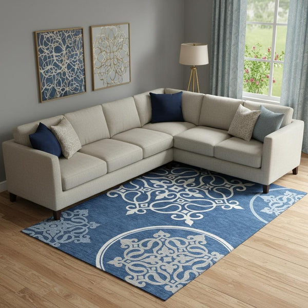 HomeRoots 8' X 10' Elegant Navy Blue Floral Medallion Area Rug - Washable, UV Protected, Perfect for Families! 669532