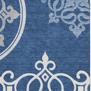 HomeRoots 8' X 10' Elegant Navy Blue Floral Medallion Area Rug - Washable, UV Protected, Perfect for Families! 669532