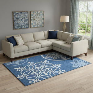 HomeRoots 9' X 12' Navy Blue Floral Medallion Washable Area Rug with UV Protection - Perfect for Any Space! 669533