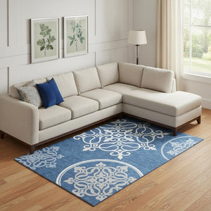HomeRoots 10' Navy Blue Ivory Gray Floral Medallion Area Rug - Washable, UV Protected, Pet-Friendly Design! 669534