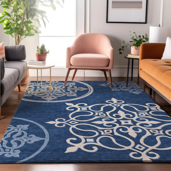 HomeRoots 10' Navy Blue Ivory Gray Floral Medallion Area Rug - Washable, UV Protected, Pet-Friendly Design! 669534