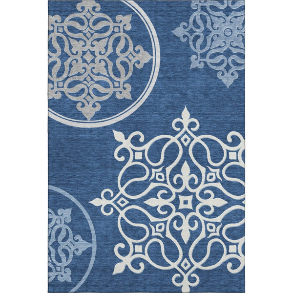 HomeRoots 10' Navy Blue Ivory Gray Floral Medallion Area Rug - Washable, UV Protected, Pet-Friendly Design! 669534