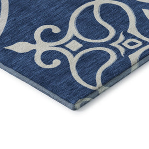 HomeRoots 10' Navy Blue Ivory Gray Floral Medallion Area Rug - Washable, UV Protected, Pet-Friendly Design! 669534
