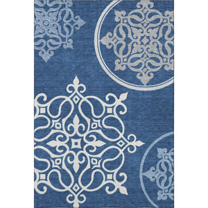 HomeRoots 10' Navy Blue Ivory Gray Floral Medallion Area Rug - Washable, UV Protected, Pet-Friendly Design! 669534