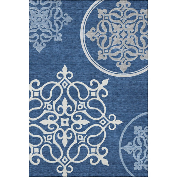 HomeRoots 10' Navy Blue Ivory Gray Floral Medallion Area Rug - Washable, UV Protected, Pet-Friendly Design! 669534