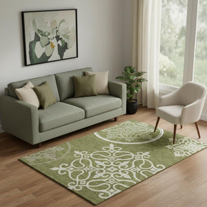 HomeRoots 5' X 8' Olive Green Floral Medallion Area Rug – Washable, UV-Protected & Perfect for Busy Homes! 669536