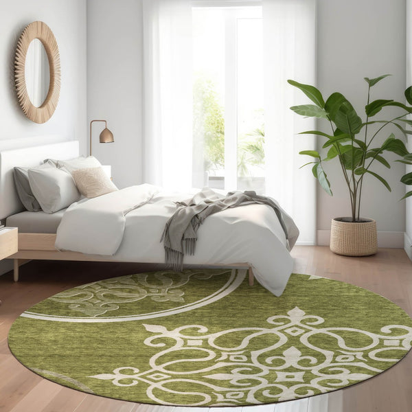 HomeRoots 8' Elegant Olive Green Floral Medallion Round Rug - Washable, Durable, UV Protected for Homes 669537