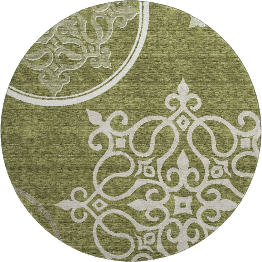 HomeRoots 8' Elegant Olive Green Floral Medallion Round Rug - Washable, Durable, UV Protected for Homes 669537