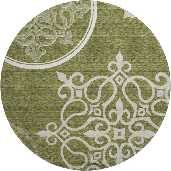 HomeRoots 8' Elegant Olive Green Floral Medallion Round Rug - Washable, Durable, UV Protected for Homes 669537