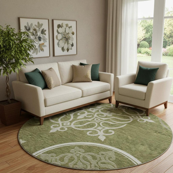 HomeRoots 8' Elegant Olive Green Floral Medallion Round Rug - Washable, Durable, UV Protected for Homes 669537