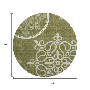 HomeRoots 8' Elegant Olive Green Floral Medallion Round Rug - Washable, Durable, UV Protected for Homes 669537