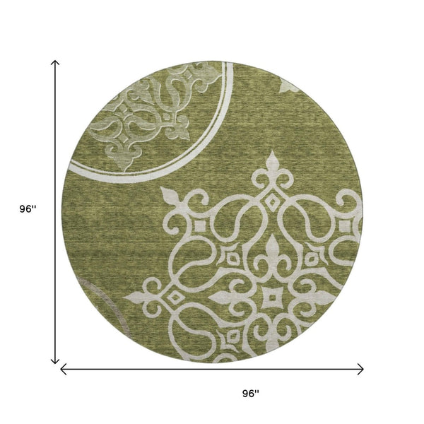 HomeRoots 8' Elegant Olive Green Floral Medallion Round Rug - Washable, Durable, UV Protected for Homes 669537