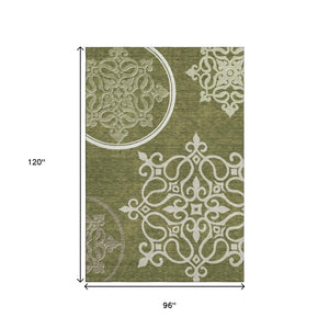 HomeRoots 8' X 10' Elegant Floral Medallion Area Rug - Olive Green & Beige, Washable with UV Protection Features 669538
