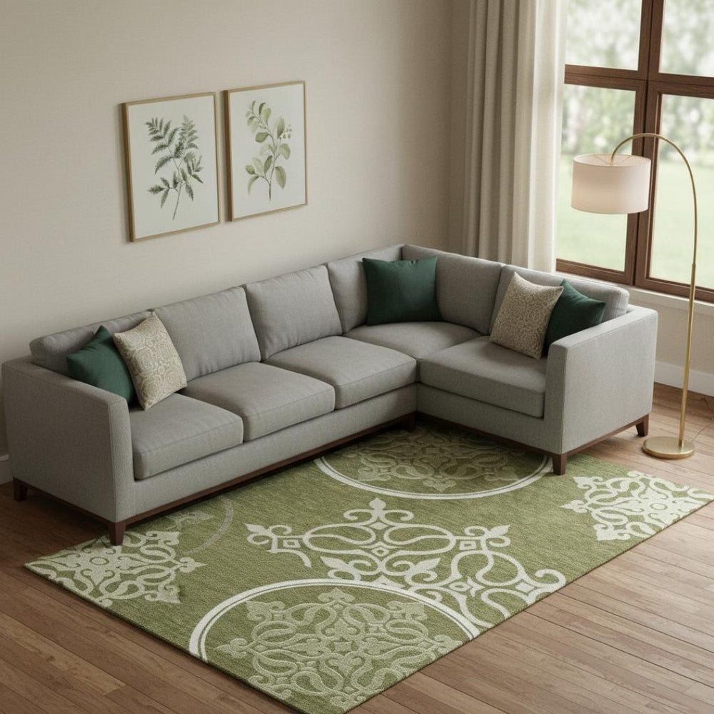 HomeRoots 8' X 10' Elegant Floral Medallion Area Rug - Olive Green & Beige, Washable with UV Protection Features 669538