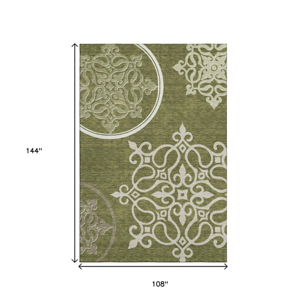 HomeRoots 9' X 12' Olive Green Floral Medallion Area Rug - Washable, Stain-Resistant, UV Protected for Homes 669539