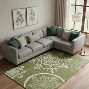 HomeRoots 9' X 12' Olive Green Floral Medallion Area Rug - Washable, Stain-Resistant, UV Protected for Homes 669539