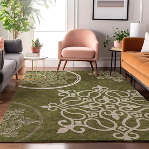 HomeRoots 9' X 12' Olive Green Floral Medallion Area Rug - Washable, Stain-Resistant, UV Protected for Homes 669539