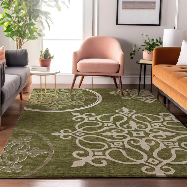 HomeRoots 9' X 12' Olive Green Floral Medallion Area Rug - Washable, Stain-Resistant, UV Protected for Homes 669539