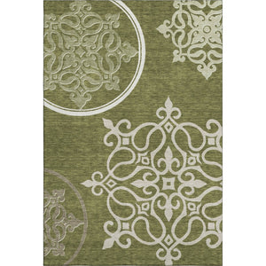 HomeRoots 9' X 12' Olive Green Floral Medallion Area Rug - Washable, Stain-Resistant, UV Protected for Homes 669539