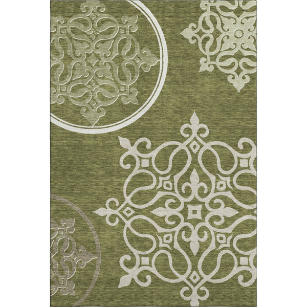 HomeRoots 9' X 12' Olive Green Floral Medallion Area Rug - Washable, Stain-Resistant, UV Protected for Homes 669539