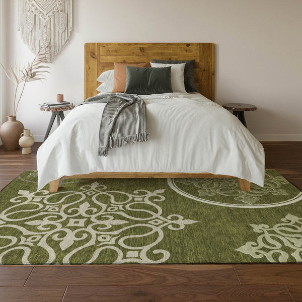 HomeRoots 9' X 12' Olive Green Floral Medallion Area Rug - Washable, Stain-Resistant, UV Protected for Homes 669539