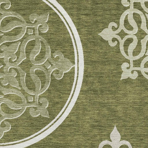 HomeRoots 9' X 12' Olive Green Floral Medallion Area Rug - Washable, Stain-Resistant, UV Protected for Homes 669539