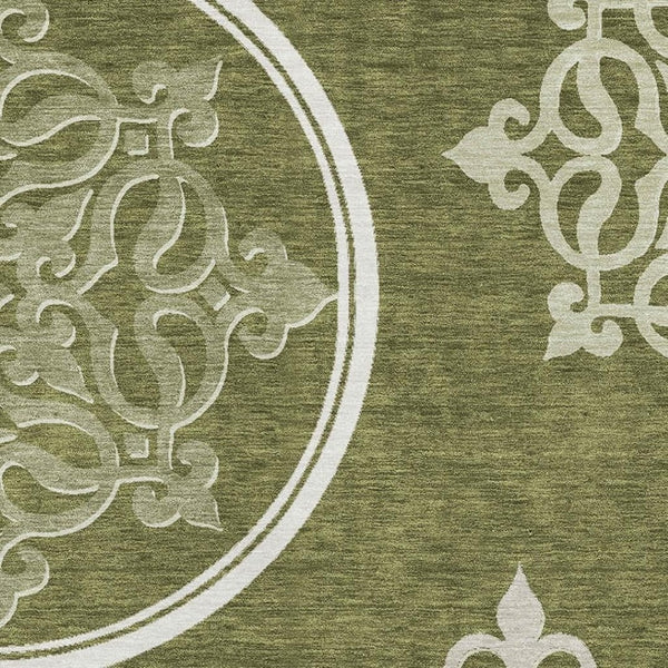 HomeRoots 9' X 12' Olive Green Floral Medallion Area Rug - Washable, Stain-Resistant, UV Protected for Homes 669539