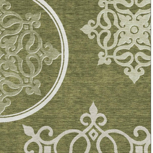 HomeRoots 9' X 12' Olive Green Floral Medallion Area Rug - Washable, Stain-Resistant, UV Protected for Homes 669539