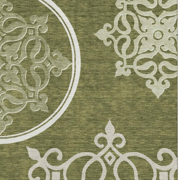 HomeRoots 9' X 12' Olive Green Floral Medallion Area Rug - Washable, Stain-Resistant, UV Protected for Homes 669539