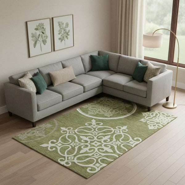 HomeRoots 10' X 14' Elegant Floral Medallion Area Rug in Olive Green, Ivory & Beige - Washable & UV Protected! 669540